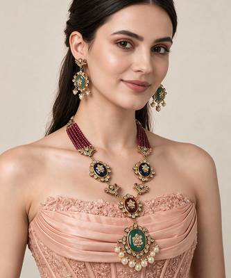 Gold plated kundan ruby red beaded long necklace set 1