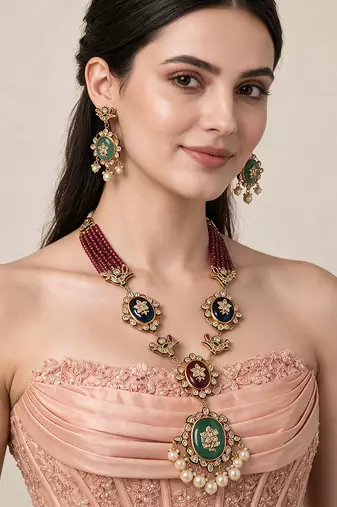 Gold plated kundan ruby red beaded long necklace set