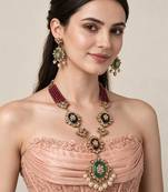Gold plated kundan ruby red beaded long necklace set