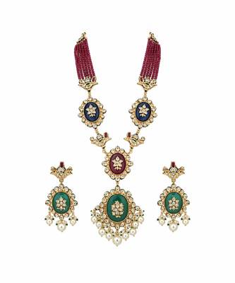 Gold plated kundan ruby red beaded long necklace set 2