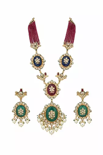 Gold plated kundan ruby red beaded long necklace set