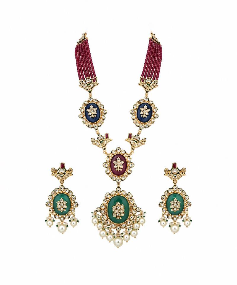 Gold plated kundan ruby red beaded long necklace set