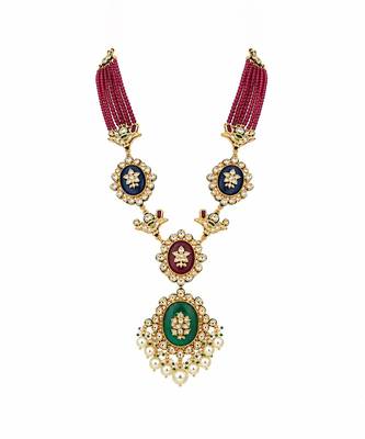 Gold plated kundan ruby red beaded long necklace set 3