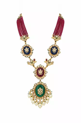 Gold plated kundan ruby red beaded long necklace set