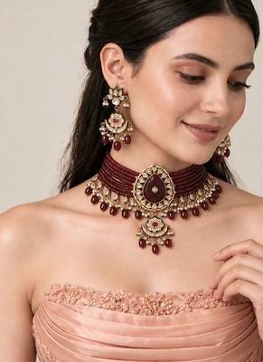 Gold plated ruby red kundan beaded choker earring set 1
