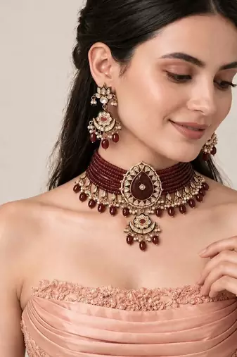 Gold plated ruby red kundan beaded choker earring set