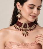 Gold plated ruby red kundan beaded choker earring set