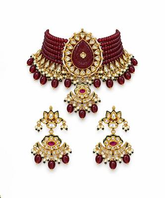 Gold plated ruby red kundan beaded choker earring set 2