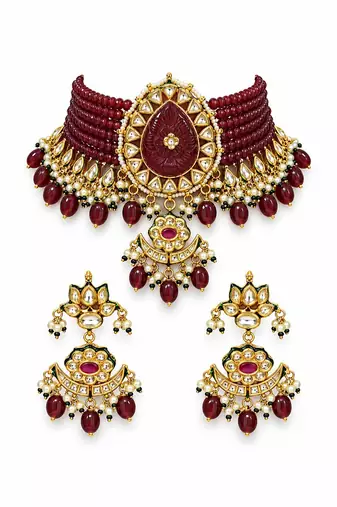 Gold plated ruby red kundan beaded choker earring set