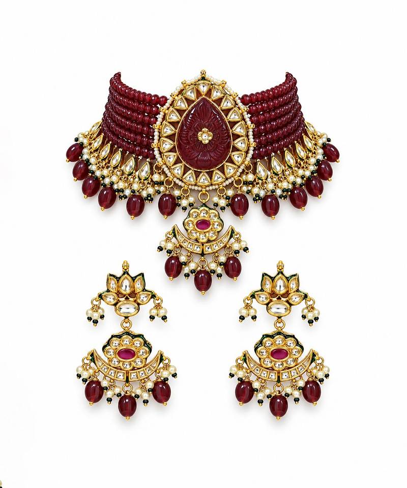 Gold plated ruby red kundan beaded choker earring set