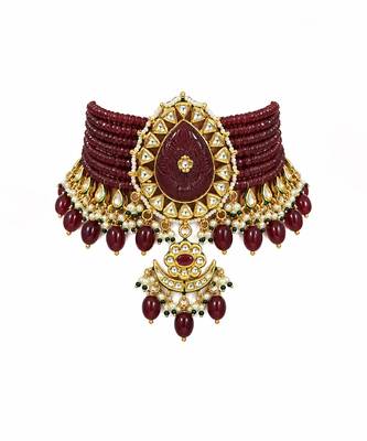Gold plated ruby red kundan beaded choker earring set 3