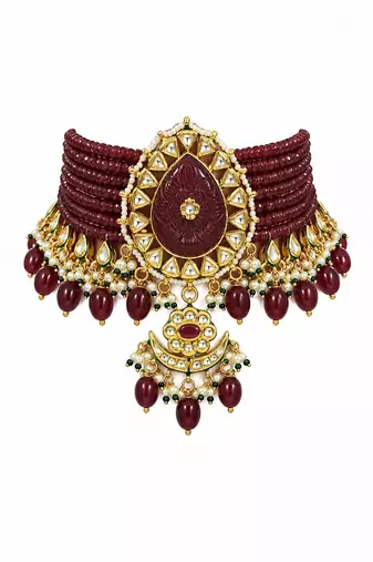 Gold plated ruby red kundan beaded choker earring set
