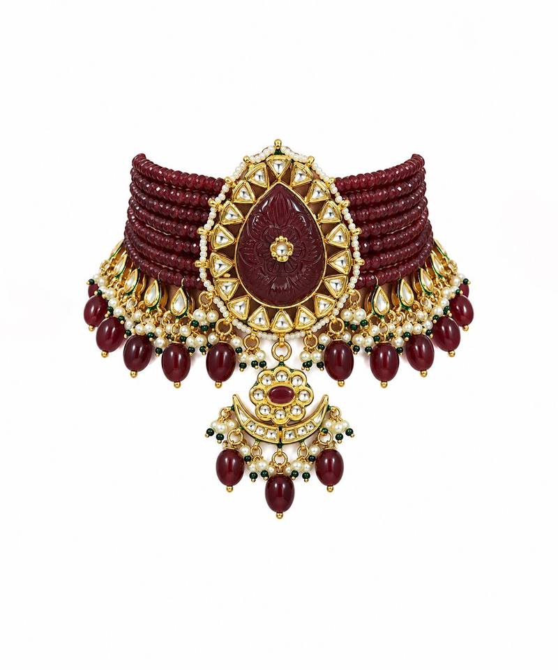 Gold plated ruby red kundan beaded choker earring set