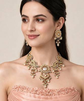 Gold plated kundan pearl statement necklace earring set 1
