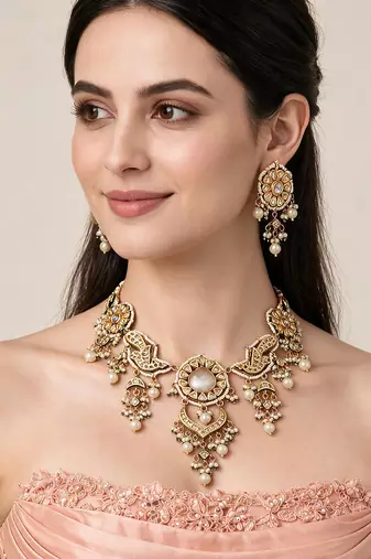 Gold plated kundan pearl statement necklace earring set