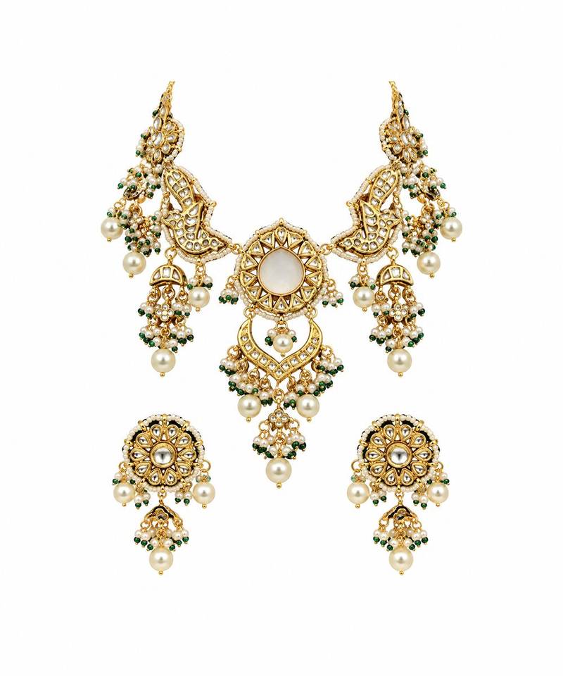Gold plated kundan pearl statement necklace earring set
