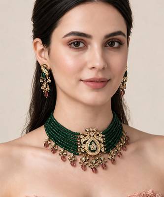 Gold plated kundan peacock beaded choker earring set 1