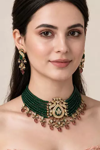 Gold plated kundan peacock beaded choker earring set