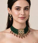 Gold plated kundan peacock beaded choker earring set