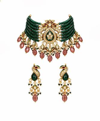 Gold plated kundan peacock beaded choker earring set 2