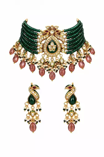Gold plated kundan peacock beaded choker earring set