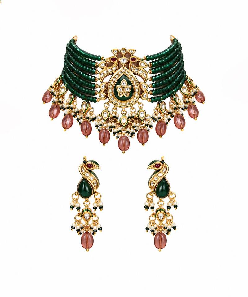 Gold plated kundan peacock beaded choker earring set