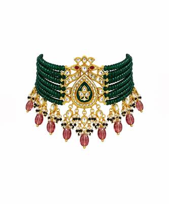 Gold plated kundan peacock beaded choker earring set 3