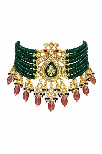 Gold plated kundan peacock beaded choker earring set