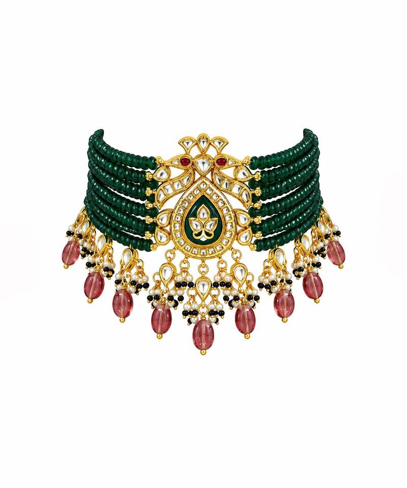 Gold plated kundan peacock beaded choker earring set