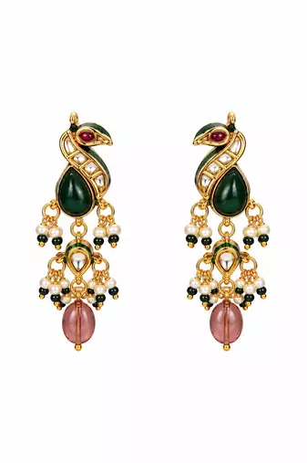 Gold plated kundan peacock beaded choker earring set