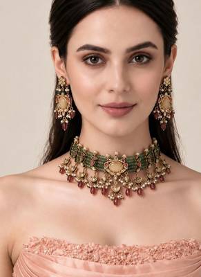 Gold plated kundan beaded choker with drop earrings 1