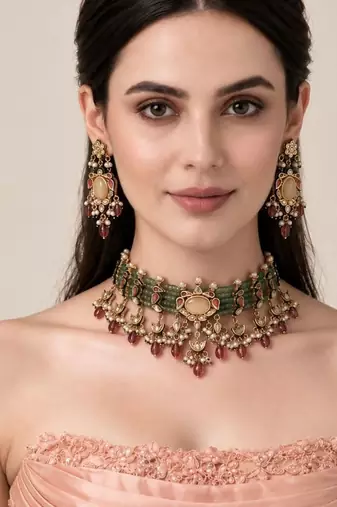 Gold plated kundan beaded choker with drop earrings