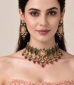 Gold plated kundan beaded choker with drop earrings