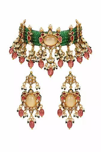 Gold plated kundan beaded choker with drop earrings