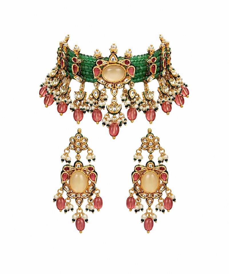 Gold plated kundan beaded choker with drop earrings