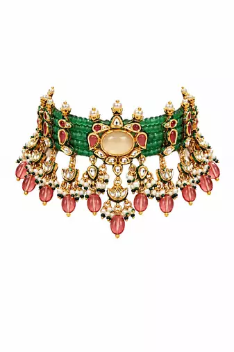 Gold plated kundan beaded choker with drop earrings