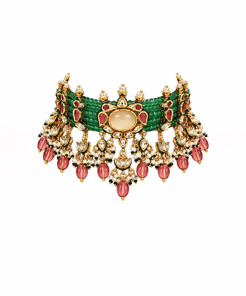 Gold plated kundan beaded choker with drop earrings