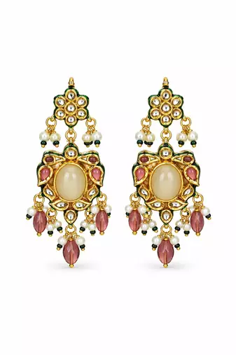 Gold plated kundan beaded choker with drop earrings
