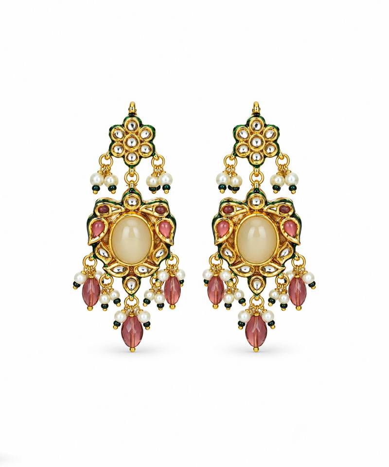 Gold plated kundan beaded choker with drop earrings