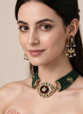 Gold plated kundan beaded choker with drop earrings 1