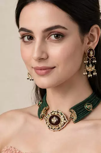 Gold plated kundan beaded choker with drop earrings
