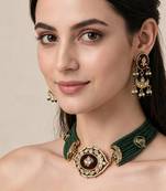 Gold plated kundan beaded choker with drop earrings