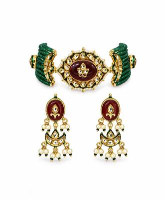 Gold plated kundan beaded choker with drop earrings 2
