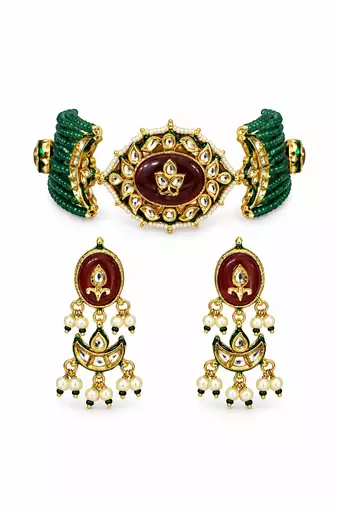 Gold plated kundan beaded choker with drop earrings