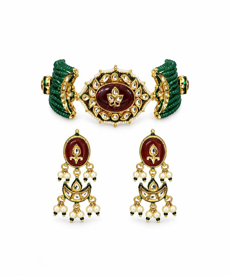 Gold plated kundan beaded choker with drop earrings