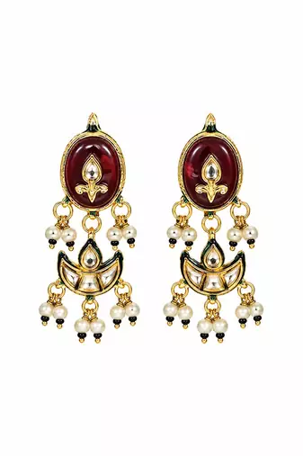Gold plated kundan beaded choker with drop earrings