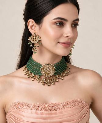Gold plated kundan sage green beaded choker earring set 1