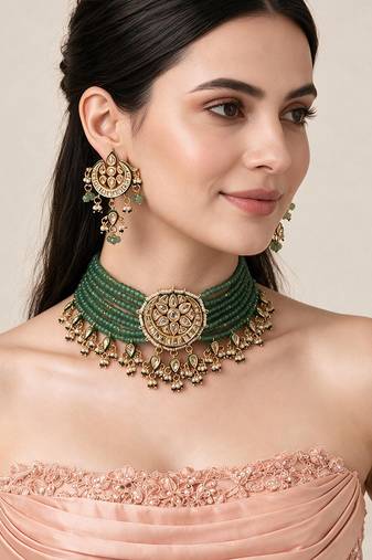 Gold plated kundan sage green beaded choker earring set