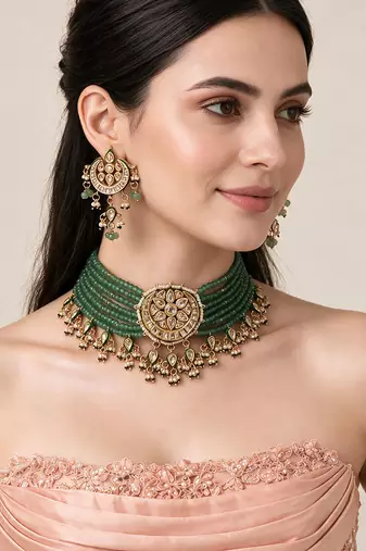 Gold plated kundan sage green beaded choker earring set