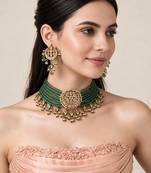 Gold plated kundan sage green beaded choker earring set